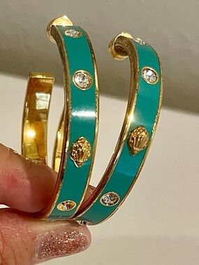 Kurt Geiger hoop earrings Teal/ Turquoise enamel on gold tone/Crystals/BirdHead